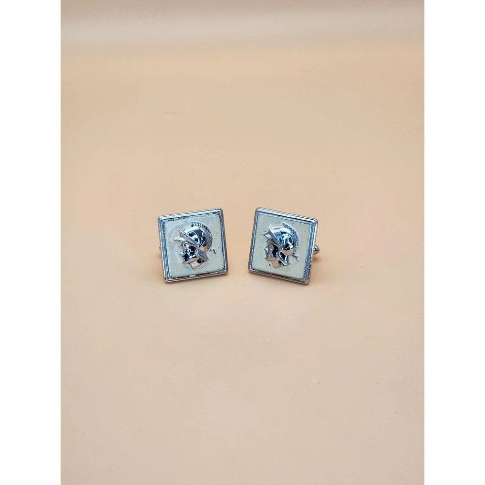74 Yr Old Vtg SWANK USA Roman Soldier Cameo Cufflinks Silver Tone Cream Enamel